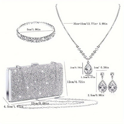 4pcs Luxury Rhinestone Evening Bag With Jewelry, 1 Set Glitter Wedding Party Prom Banquet Clutch Purse With Sparkly Earrings Necklace And Bracelet For Women