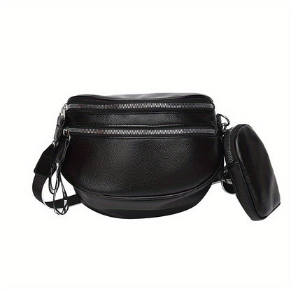 Double Zipper Waist Bag, Trendy Wide Strap Fanny Pack, PU Leather Crossbody Chest Bag With Small Coin Purse