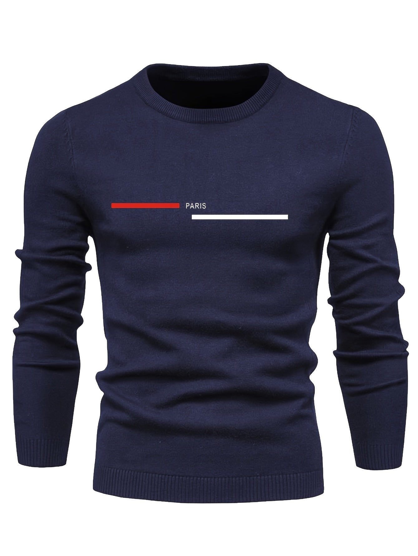 PARIS Print Men's Casual Stretch Long Sleeve Knitted Round Neck Sweater, Spring Fall Pullover Top