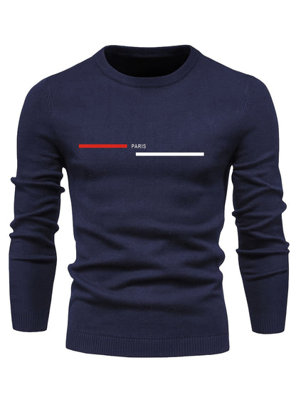 PARIS Print Men's Casual Stretch Long Sleeve Knitted Round Neck Sweater, Spring Fall Pullover Top