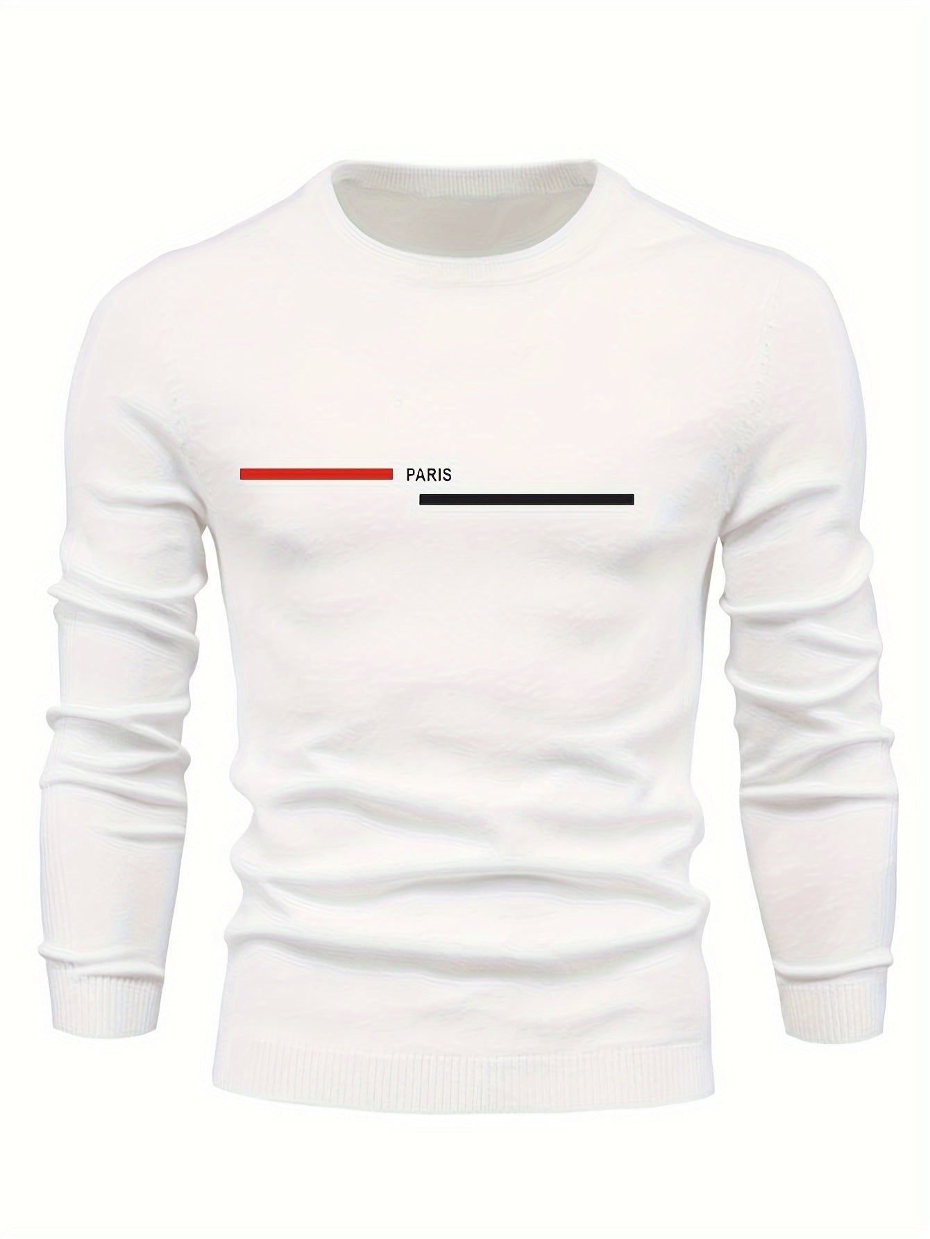 PARIS Print Men's Casual Stretch Long Sleeve Knitted Round Neck Sweater, Spring Fall Pullover Top