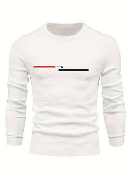 PARIS Print Men's Casual Stretch Long Sleeve Knitted Round Neck Sweater, Spring Fall Pullover Top