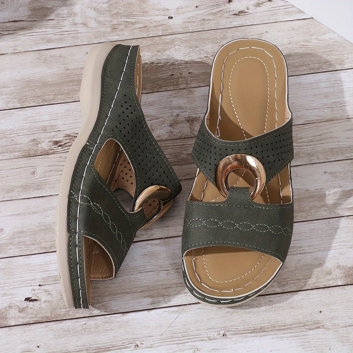 Women's Solid Color Wedge Heeled Sandals, Casual Open Toe Platform Shoes, Comfortable Slip On Sandals