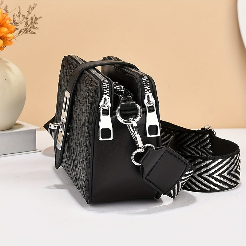 Women's Crossbody Shoulder Bag, Multi-Layer Ladies Handbag, Woven Pattern Mobile Phone Wallet