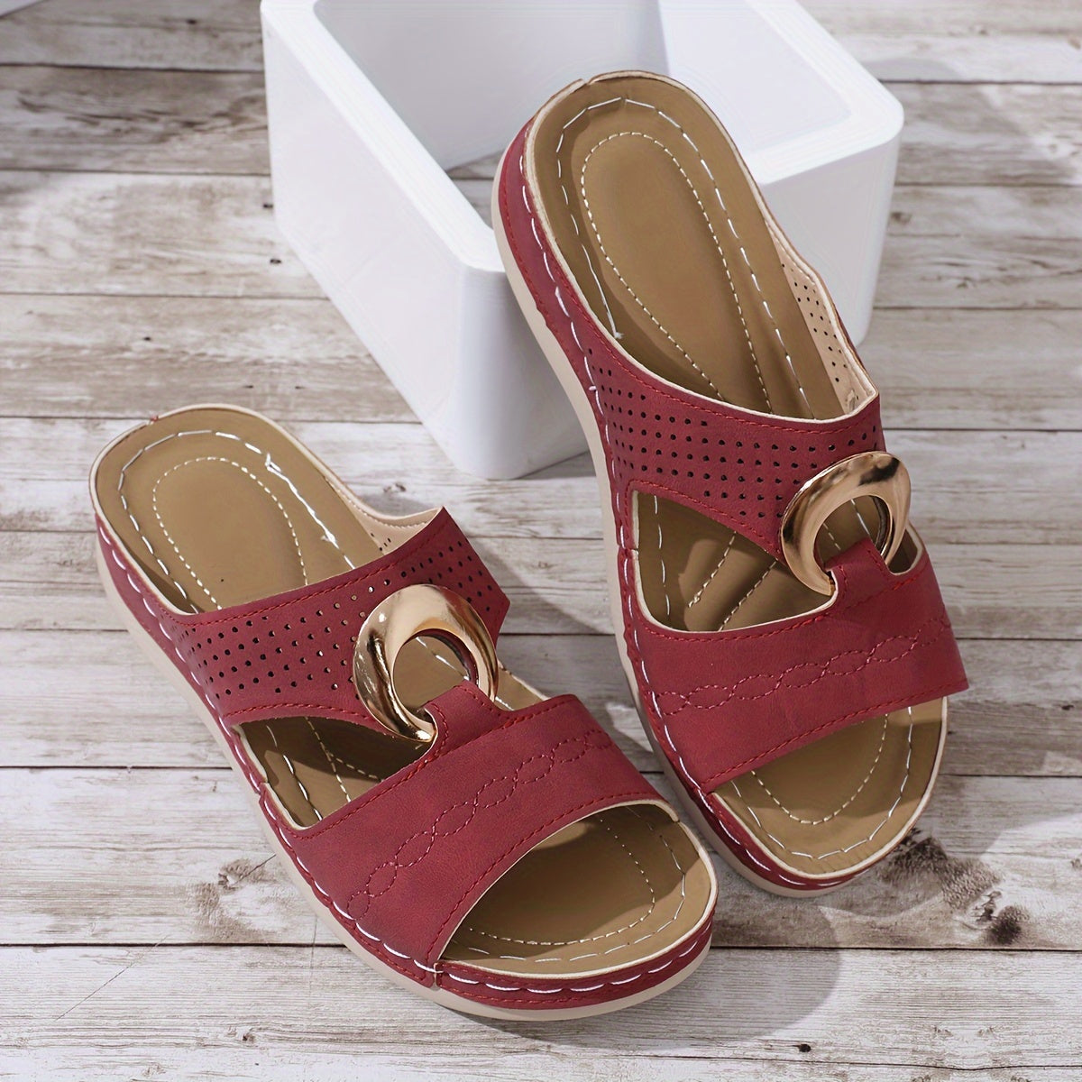 Women's Solid Color Wedge Heeled Sandals, Casual Open Toe Platform Shoes, Comfortable Slip On Sandals