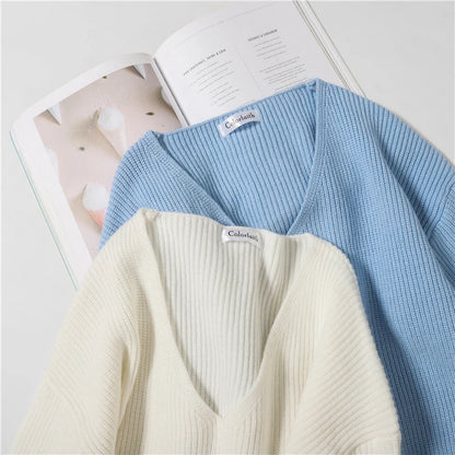 Colorfaith SW8112 2023 Sexy V-Neck Minimalist Tops Oversized Korean Irregular Hem Knitted Chic Casual Women's Knitwear Sweaters