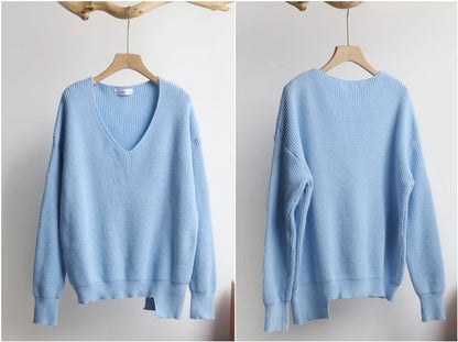Colorfaith SW8112 2023 Sexy V-Neck Minimalist Tops Oversized Korean Irregular Hem Knitted Chic Casual Women's Knitwear Sweaters