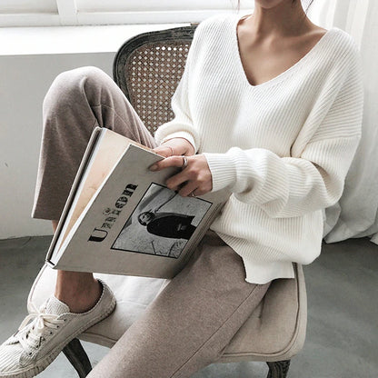 Colorfaith SW8112 2023 Sexy V-Neck Minimalist Tops Oversized Korean Irregular Hem Knitted Chic Casual Women's Knitwear Sweaters