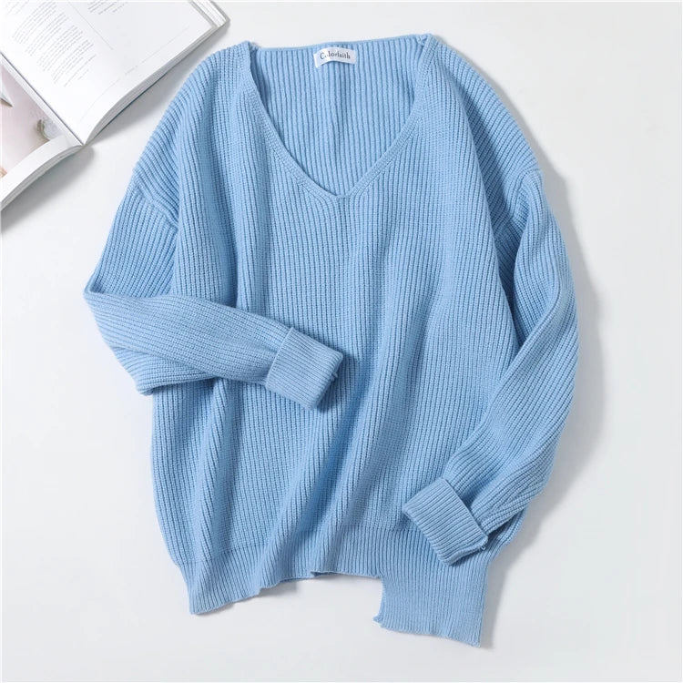 Colorfaith SW8112 2023 Sexy V-Neck Minimalist Tops Oversized Korean Irregular Hem Knitted Chic Casual Women's Knitwear Sweaters