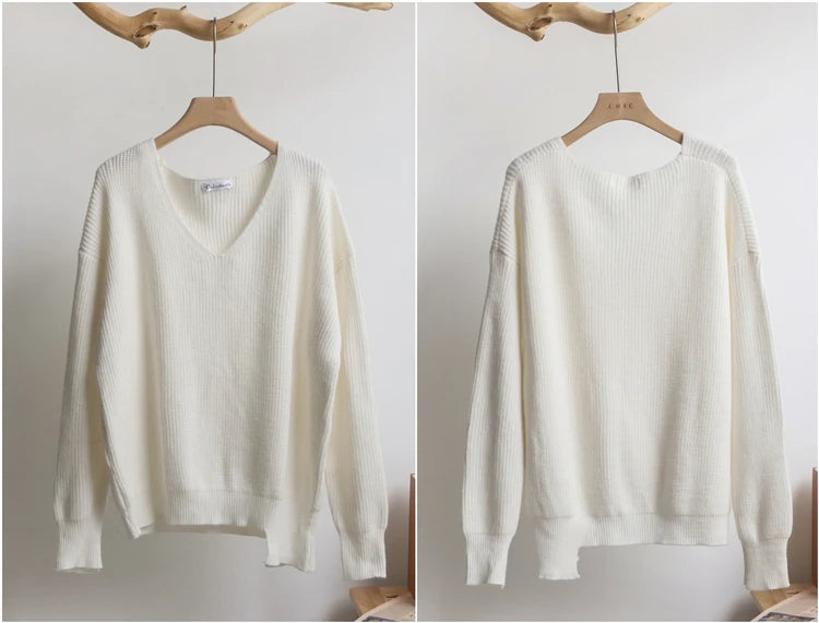 Colorfaith SW8112 2023 Sexy V-Neck Minimalist Tops Oversized Korean Irregular Hem Knitted Chic Casual Women's Knitwear Sweaters