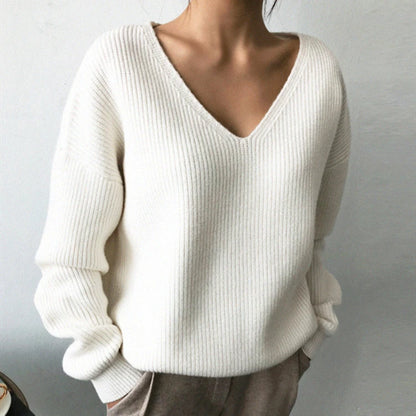Colorfaith SW8112 2023 Sexy V-Neck Minimalist Tops Oversized Korean Irregular Hem Knitted Chic Casual Women's Knitwear Sweaters