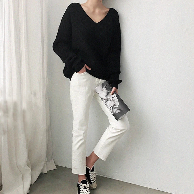 Colorfaith SW8112 2023 Sexy V-Neck Minimalist Tops Oversized Korean Irregular Hem Knitted Chic Casual Women's Knitwear Sweaters
