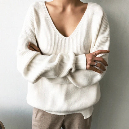 Colorfaith SW8112 2023 Sexy V-Neck Minimalist Tops Oversized Korean Irregular Hem Knitted Chic Casual Women's Knitwear Sweaters