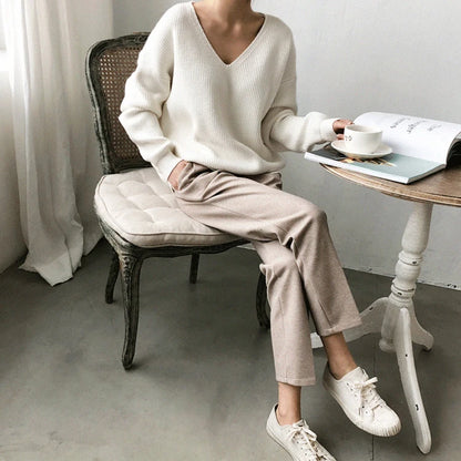Colorfaith SW8112 2023 Sexy V-Neck Minimalist Tops Oversized Korean Irregular Hem Knitted Chic Casual Women's Knitwear Sweaters