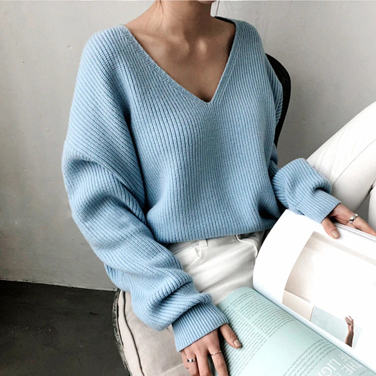 Colorfaith SW8112 2023 Sexy V-Neck Minimalist Tops Oversized Korean Irregular Hem Knitted Chic Casual Women's Knitwear Sweaters