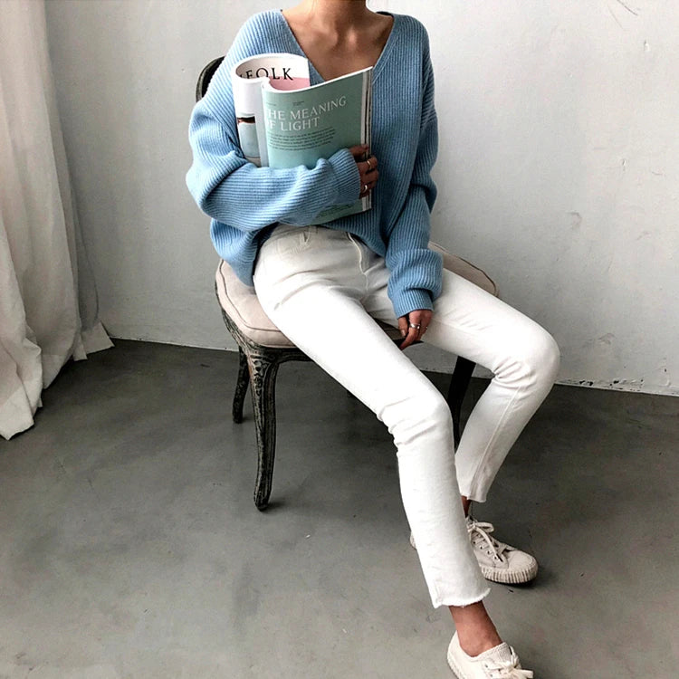 Colorfaith SW8112 2023 Sexy V-Neck Minimalist Tops Oversized Korean Irregular Hem Knitted Chic Casual Women's Knitwear Sweaters