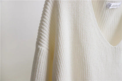 Colorfaith SW8112 2023 Sexy V-Neck Minimalist Tops Oversized Korean Irregular Hem Knitted Chic Casual Women's Knitwear Sweaters