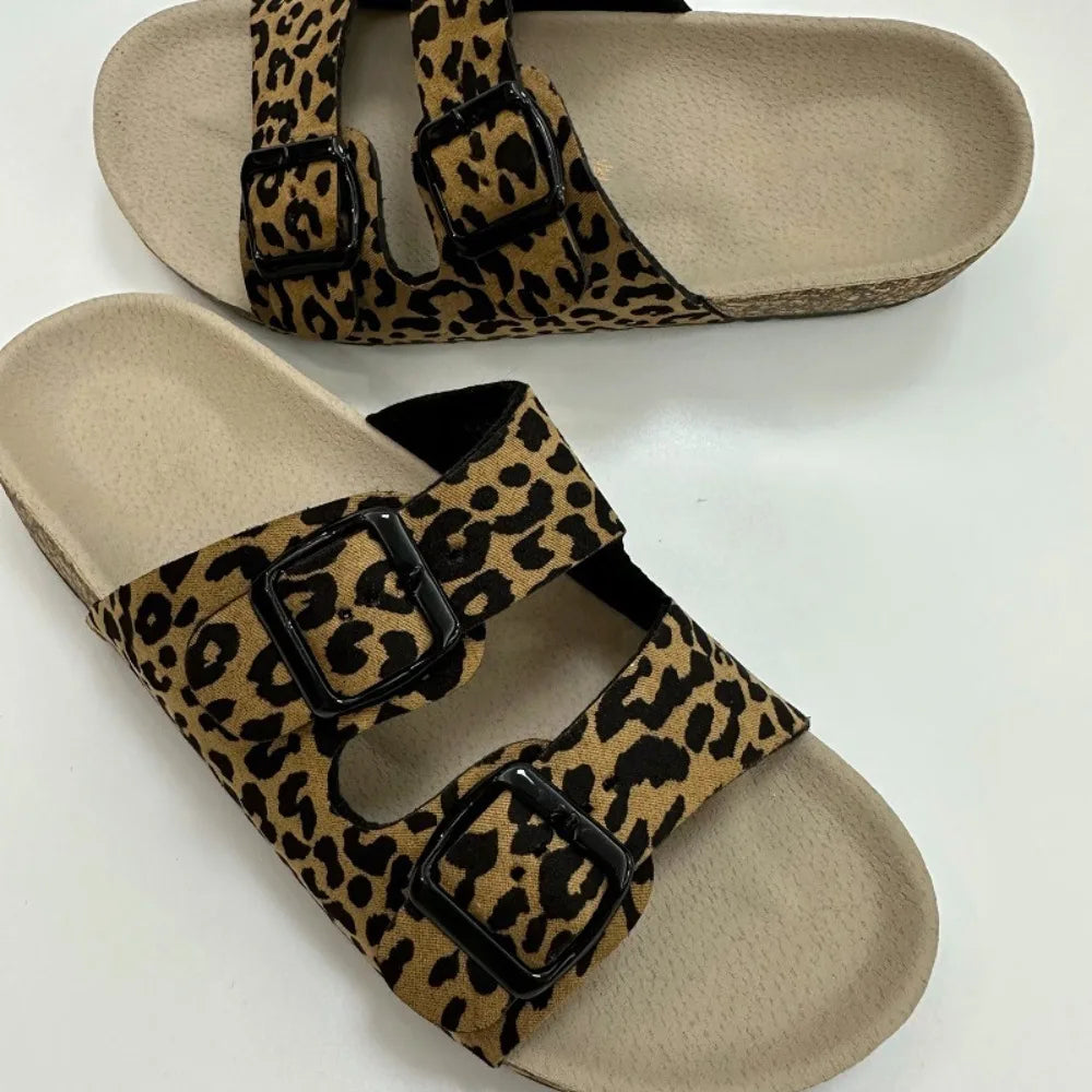 Women's Leopard Print Slippers Cork Slippers Women's Summer Non-slip Outdoor Flat Bottom Beach Sandals Woman Flat Slippers