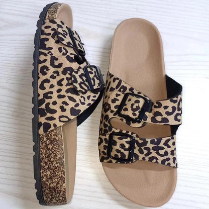 Women's Leopard Print Slippers Cork Slippers Women's Summer Non-slip Outdoor Flat Bottom Beach Sandals Woman Flat Slippers