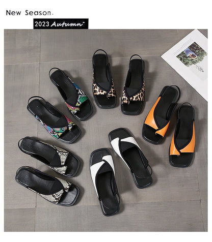 Womens Sandals New Summer Casual Vintage Open Toe Flip Flops Fashion Beach Flat Basic Square Head Leopard Pattern Designer Shoes