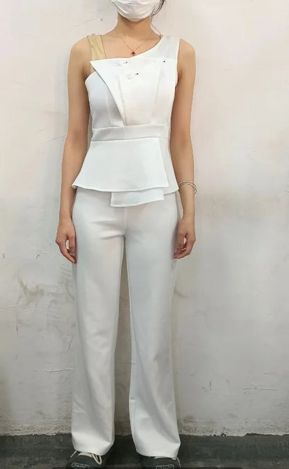 Women's Elegant One Shoulder Ruched Top & Straight Leg Pants Set Temperament Commuter Female Casual Trousers Sets 2 Piece Outfit