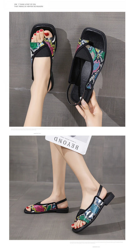 Womens Sandals New Summer Casual Vintage Open Toe Flip Flops Fashion Beach Flat Basic Square Head Leopard Pattern Designer Shoes