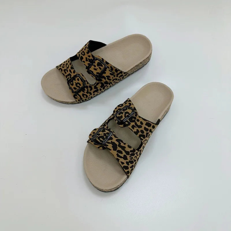 Women's Leopard Print Slippers Cork Slippers Women's Summer Non-slip Outdoor Flat Bottom Beach Sandals Woman Flat Slippers