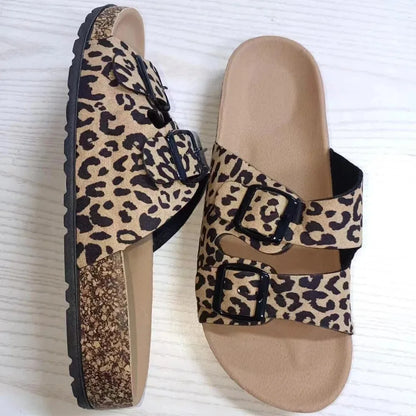 Women's Leopard Print Slippers Cork Slippers Women's Summer Non-slip Outdoor Flat Bottom Beach Sandals Woman Flat Slippers
