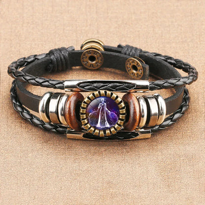 12 Constellations Black Woven Leather Metal Popper Luminous Glass Punk Style Jewelry Men's Bracelet