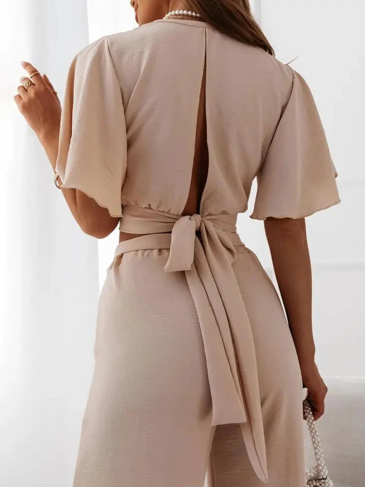 Elegant Office Women Summer Long Pants Set Slim Sexy Tops And Pants Two Piece Set Female Straight Wide Leg Pants Solid Outfits