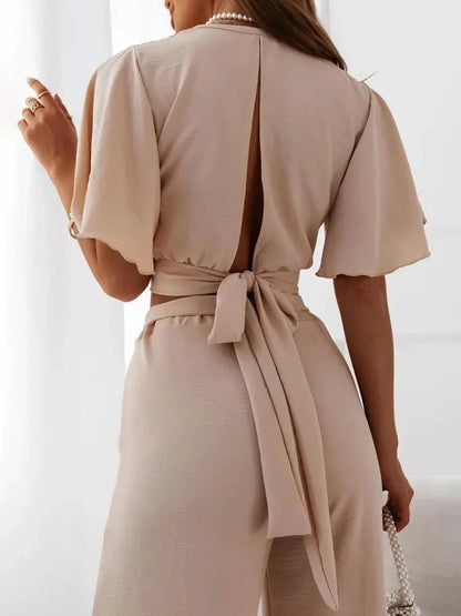 Elegant Office Women Summer Long Pants Set Slim Sexy Tops And Pants Two Piece Set Female Straight Wide Leg Pants Solid Outfits
