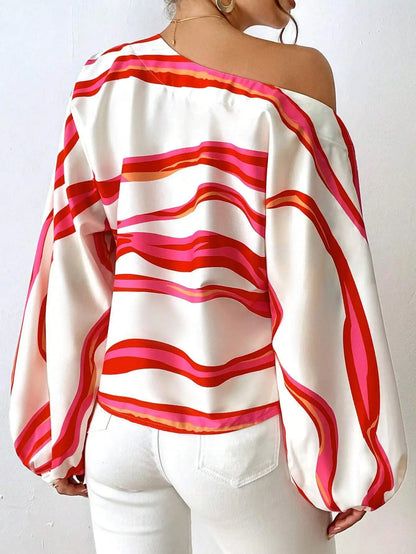 Printed Loose Women's Shirt Women One Shoulder Long Stripesd  Blouse Top White Blouse Blusen Damen 2024 Sommer Chemisier Femmes
