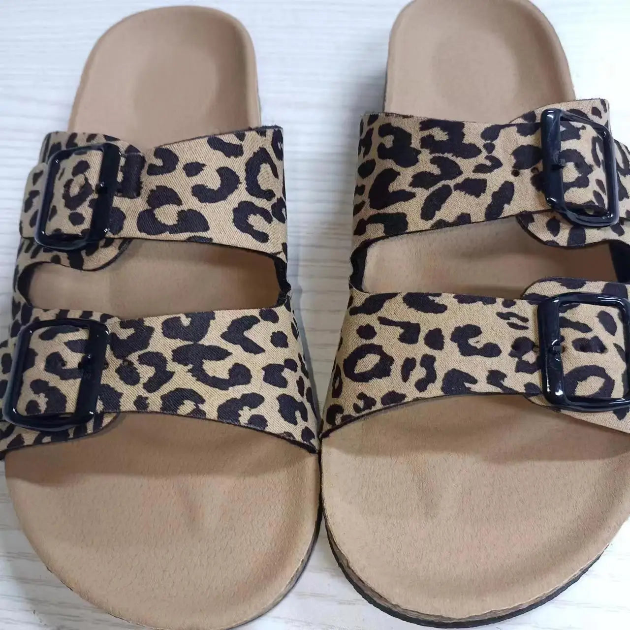Women's Leopard Print Slippers Cork Slippers Women's Summer Non-slip Outdoor Flat Bottom Beach Sandals Woman Flat Slippers