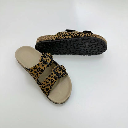 Women's Leopard Print Slippers Cork Slippers Women's Summer Non-slip Outdoor Flat Bottom Beach Sandals Woman Flat Slippers