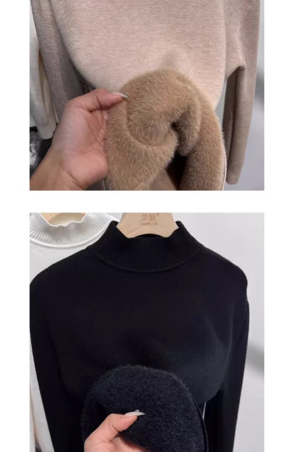 Women's Turtleneck Sweater Winter 2024 Retro Red with Velvet Lining Thickened Inner Wear Thermal Knitting Bottoming Shirt