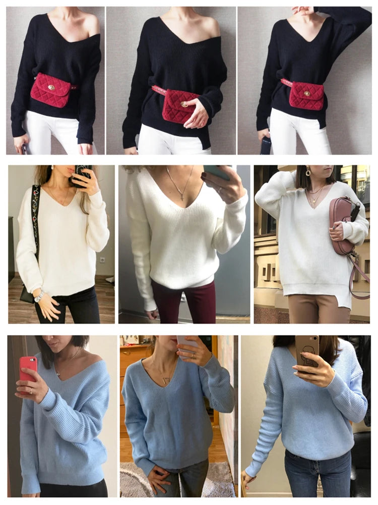 Colorfaith SW8112 2023 Sexy V-Neck Minimalist Tops Oversized Korean Irregular Hem Knitted Chic Casual Women's Knitwear Sweaters