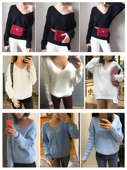 Colorfaith SW8112 2023 Sexy V-Neck Minimalist Tops Oversized Korean Irregular Hem Knitted Chic Casual Women's Knitwear Sweaters