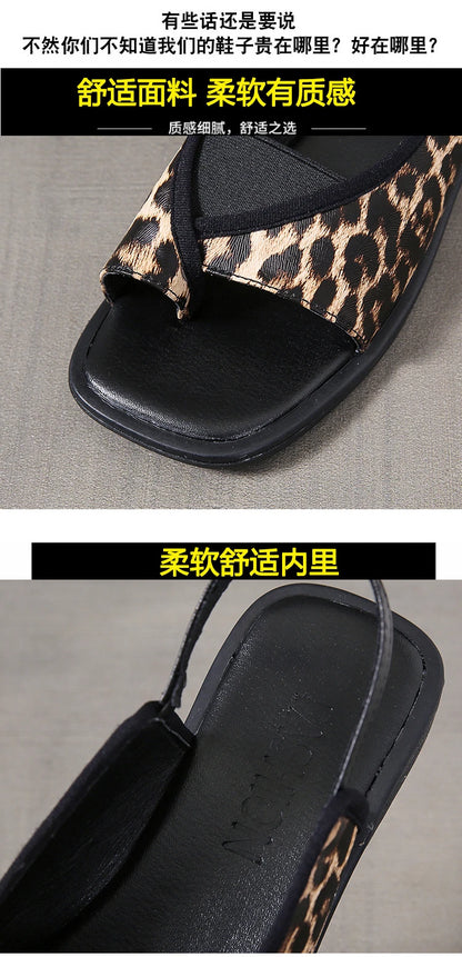 Womens Sandals New Summer Casual Vintage Open Toe Flip Flops Fashion Beach Flat Basic Square Head Leopard Pattern Designer Shoes