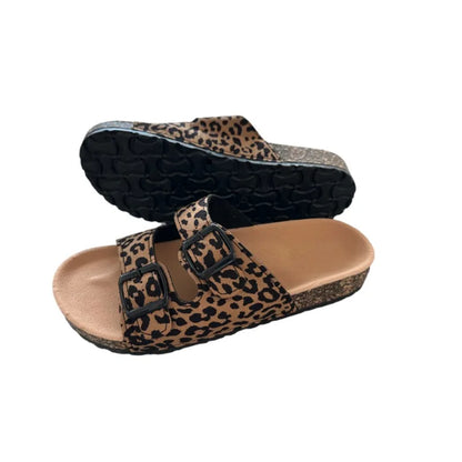 Women's Leopard Print Slippers Cork Slippers Women's Summer Non-slip Outdoor Flat Bottom Beach Sandals Woman Flat Slippers