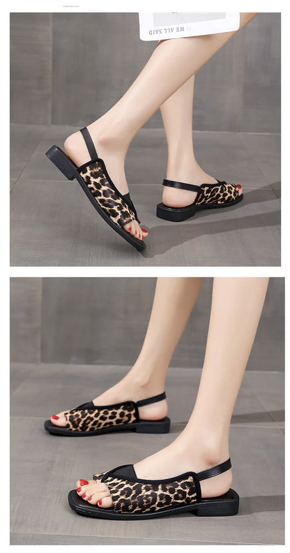 Womens Sandals New Summer Casual Vintage Open Toe Flip Flops Fashion Beach Flat Basic Square Head Leopard Pattern Designer Shoes