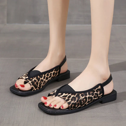 Womens Sandals New Summer Casual Vintage Open Toe Flip Flops Fashion Beach Flat Basic Square Head Leopard Pattern Designer Shoes