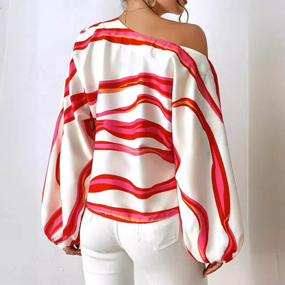Printed Loose Women's Shirt Women One Shoulder Long Stripesd  Blouse Top White Blouse Blusen Damen 2024 Sommer Chemisier Femmes