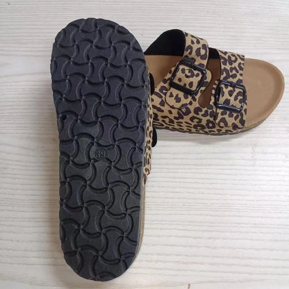 Women's Leopard Print Slippers Cork Slippers Women's Summer Non-slip Outdoor Flat Bottom Beach Sandals Woman Flat Slippers