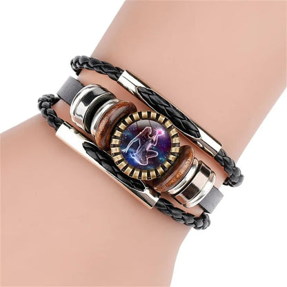 12 Constellations Black Woven Leather Metal Popper Luminous Glass Punk Style Jewelry Men's Bracelet