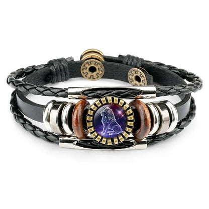 12 Constellations Black Woven Leather Metal Popper Luminous Glass Punk Style Jewelry Men's Bracelet
