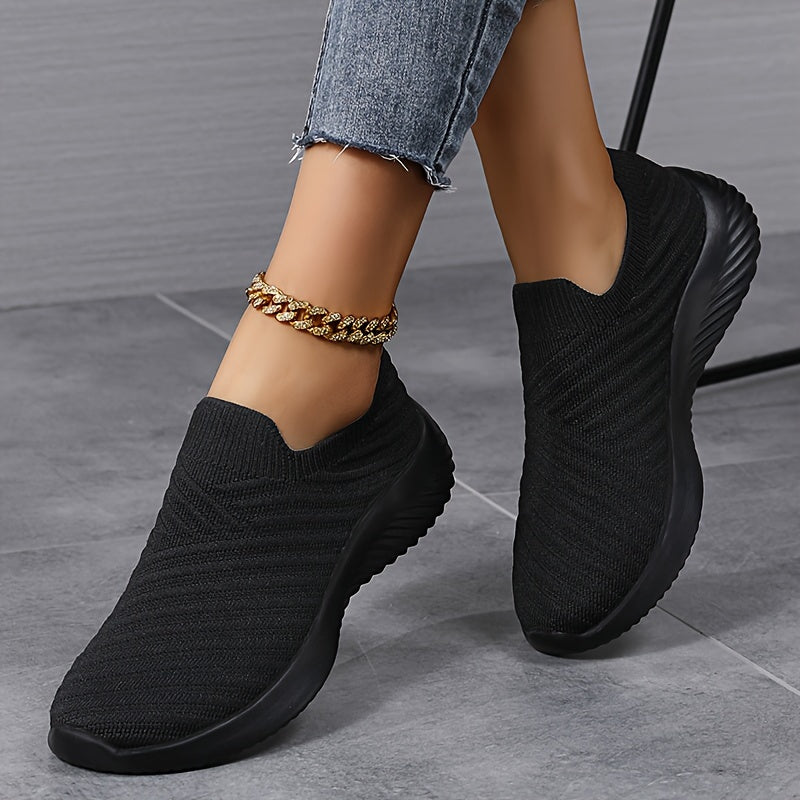 Women's Solid Color Knitted Sneakers, Slip On Lightweight Soft Sole Walking Shoes, Breathable Low-top Sock Shoes