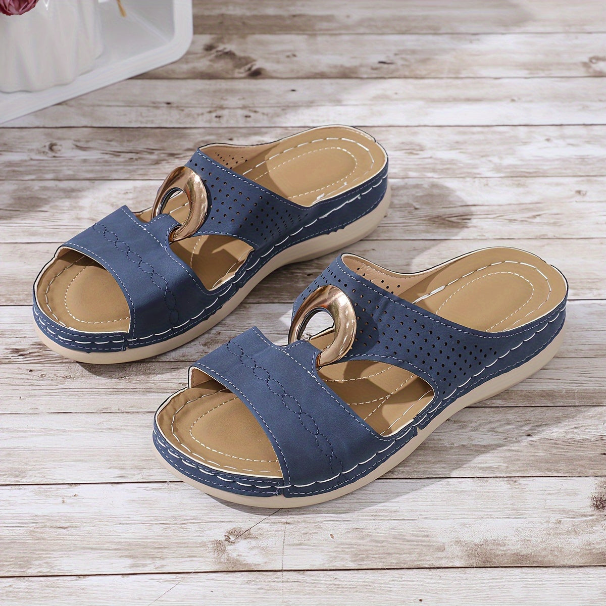 Women's Solid Color Wedge Heeled Sandals, Casual Open Toe Platform Shoes, Comfortable Slip On Sandals