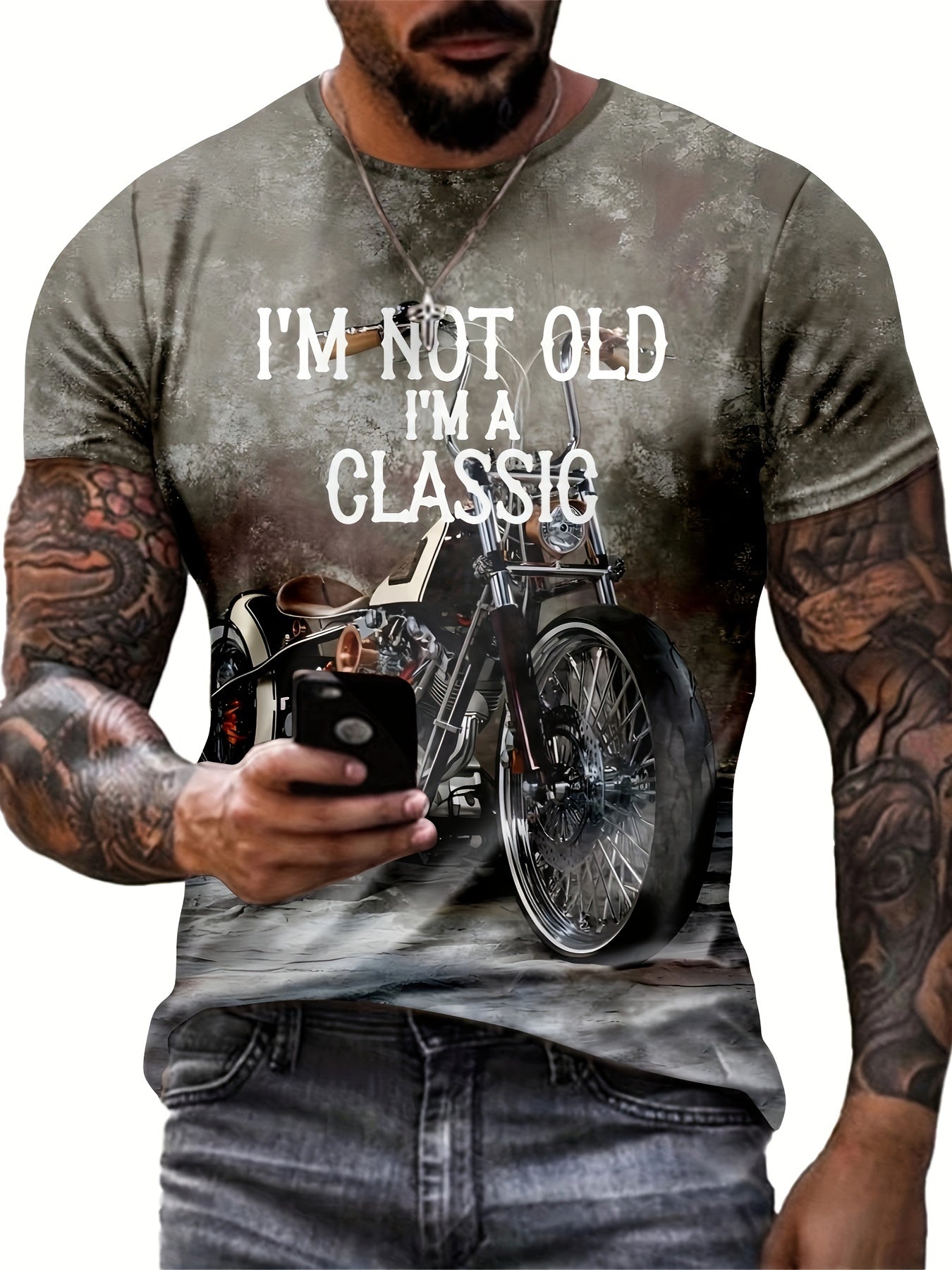 3D Motorcycle Print Men's Trendy Short Sleeve Crew Neck T-shirt, Summer Outdoor