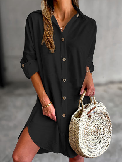 Solid Color Button Front Shirt Dress, Casual Long Sleeve Lapel Dress For Spring & Fall, Women's Clothing