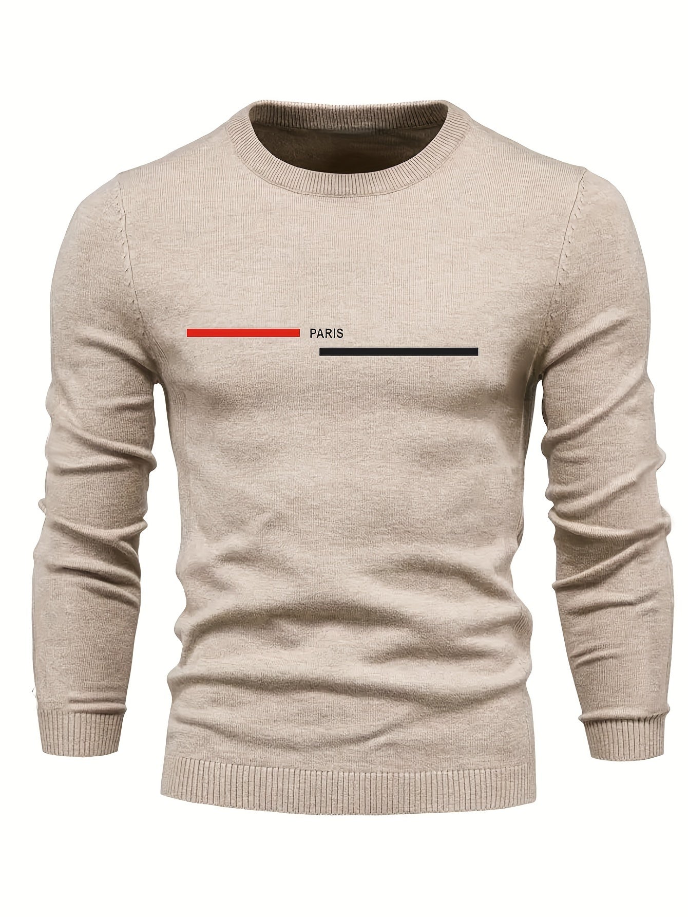 PARIS Print Men's Casual Stretch Long Sleeve Knitted Round Neck Sweater, Spring Fall Pullover Top